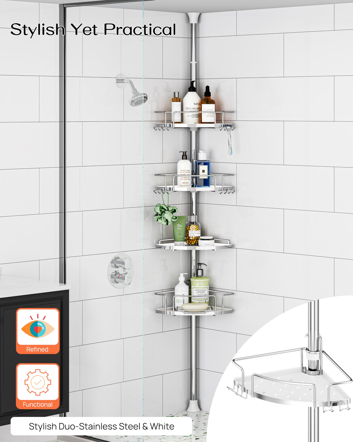 ALLZONE eight dual hooks help store towels, razors, and accessories neatly.