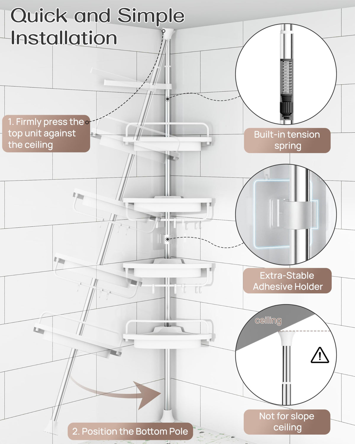ALLZONE four-tier shelves hold shampoos, soaps, and bath essentials within reach.