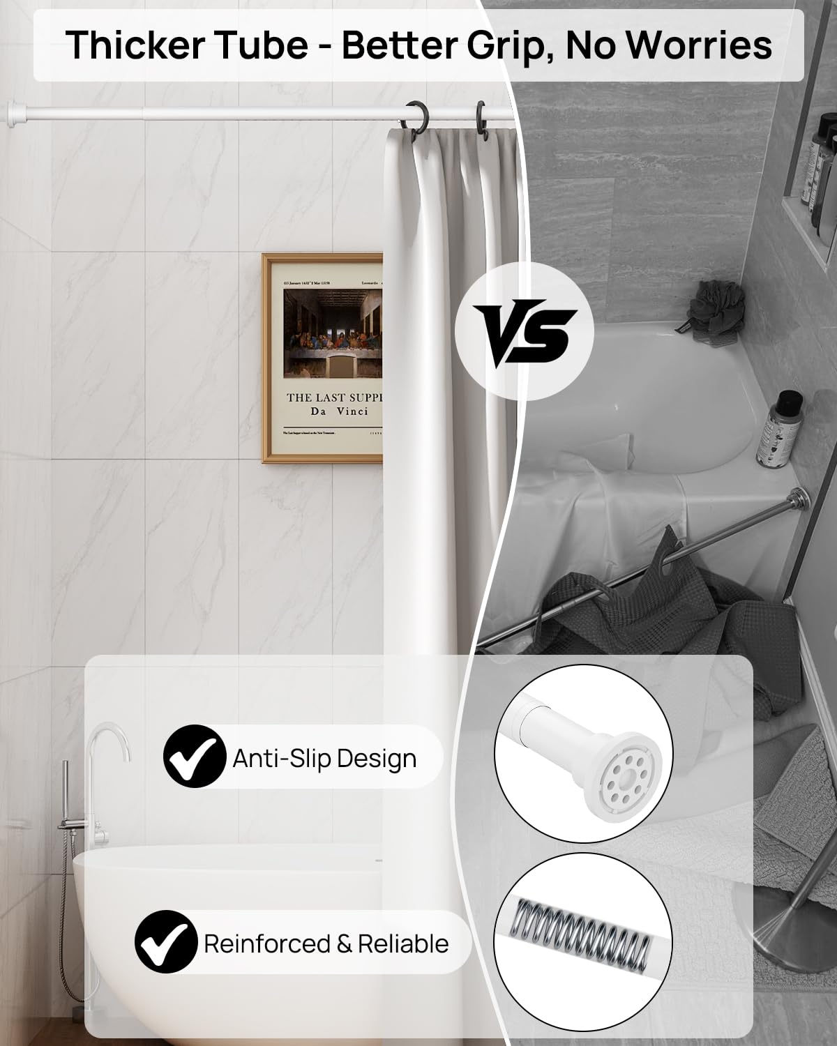 Allzone rustproof white shower rod resists moisture in bathrooms