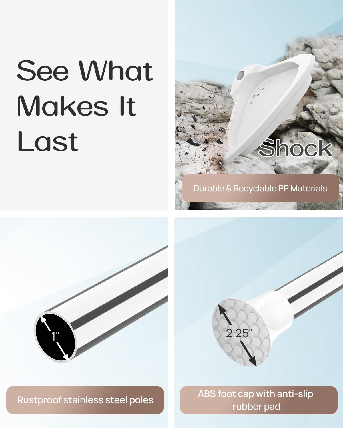 ALLZONE rustproof SUS 304 stainless steel pole resists corrosion in humid bathrooms.