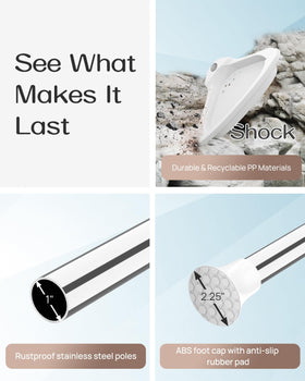 ALLZONE rustproof SUS 304 stainless steel pole resists corrosion in humid bathrooms.