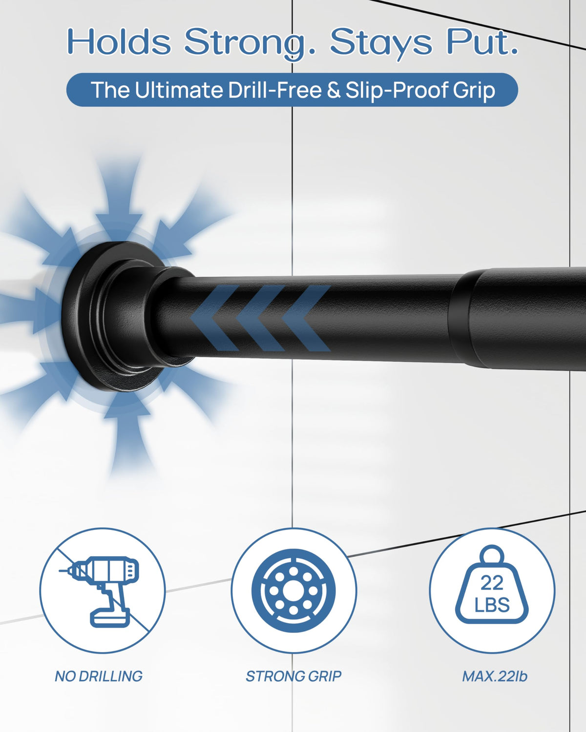 ALLZONE bathroom-friendly shower curtain rod with tool-free installation.