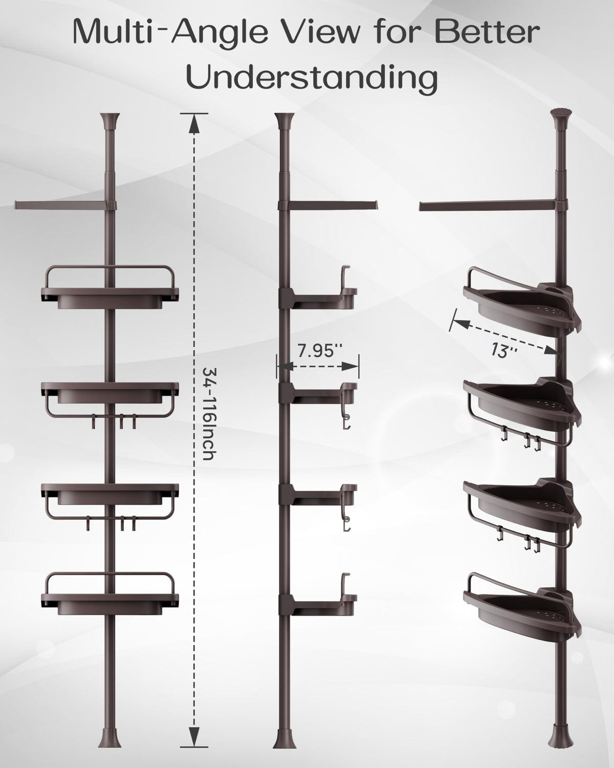ALLZONE solid durable shower caddy prevents bottle slips on deep shelves.