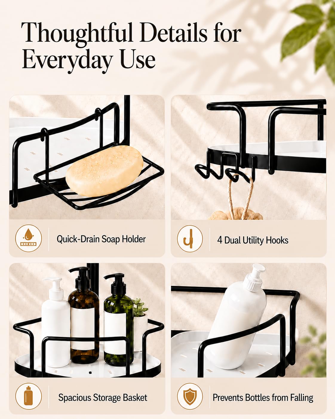 ALLZONE stainless steel frame offers durable, rustproof support for shower storage