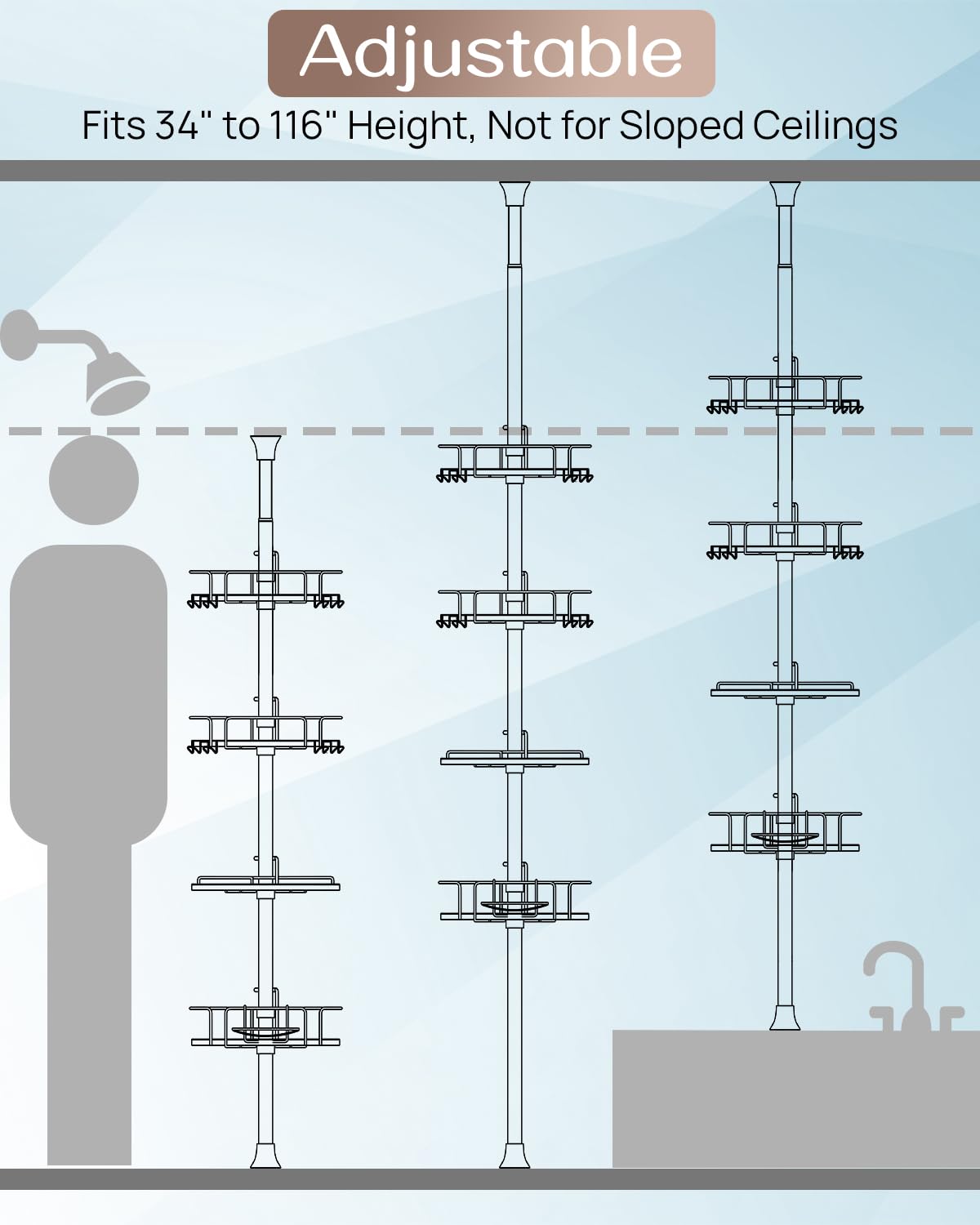 ALLZONE tension pole shows easy height adjustment for changing storage needs.