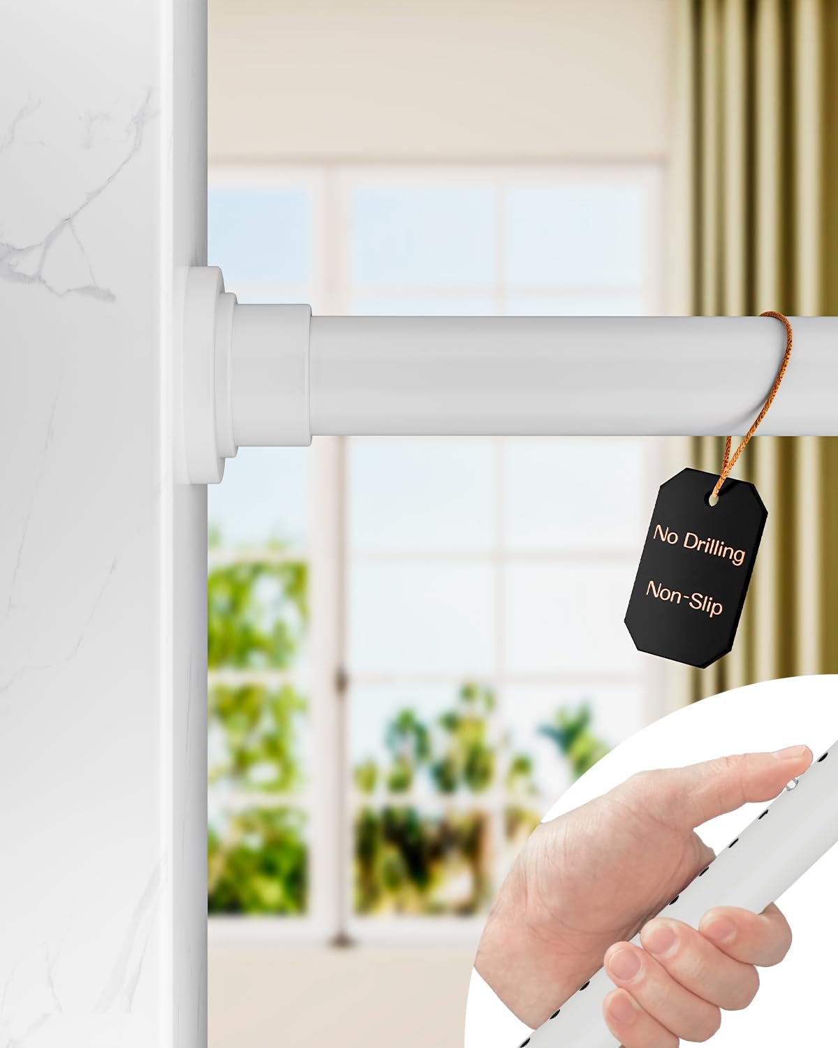 Allzone tension rod demonstrating 83-123in assembly for adjustable curtain fit.