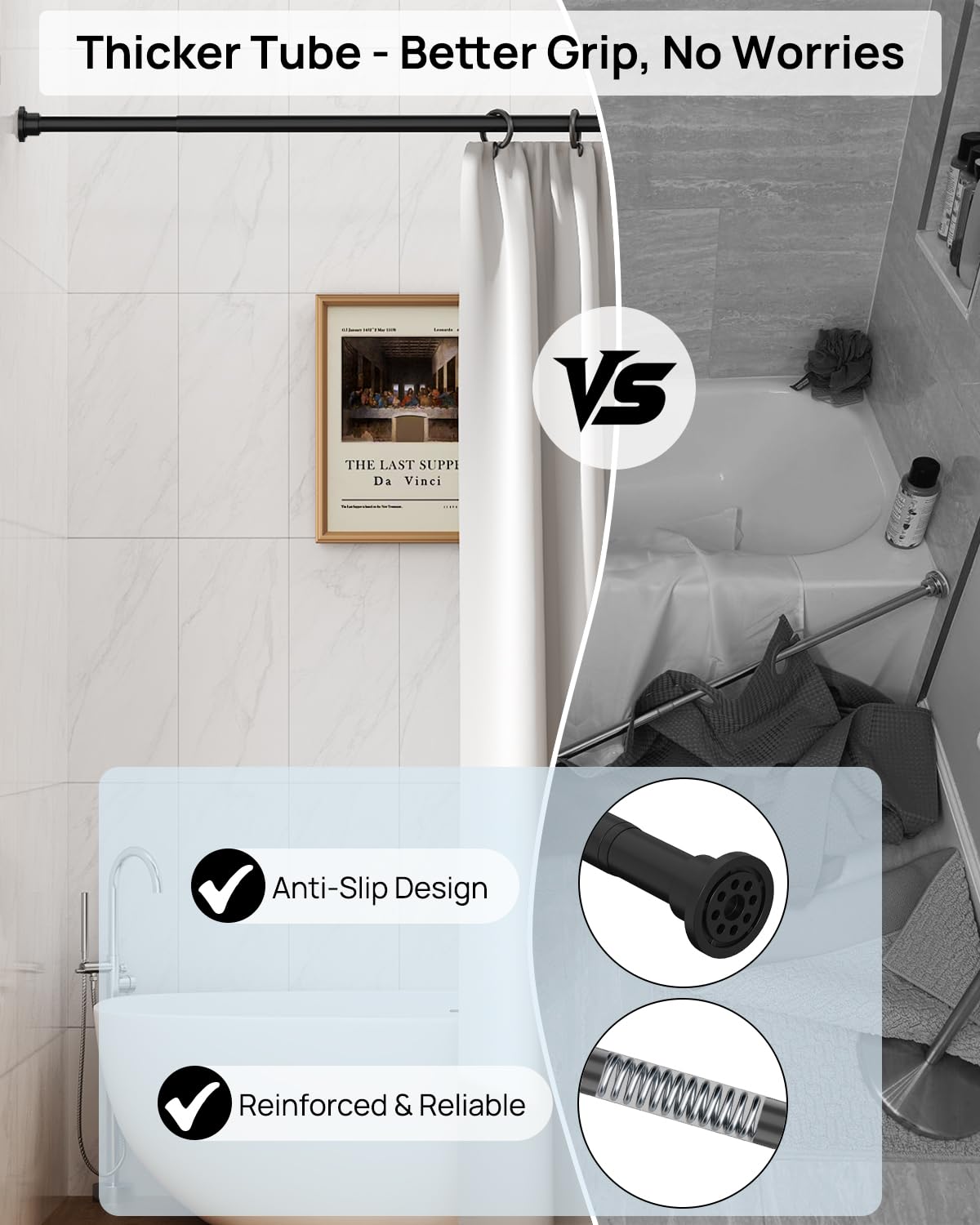ALLZONE tension rod mounted on tile wall supports a shower curtain
