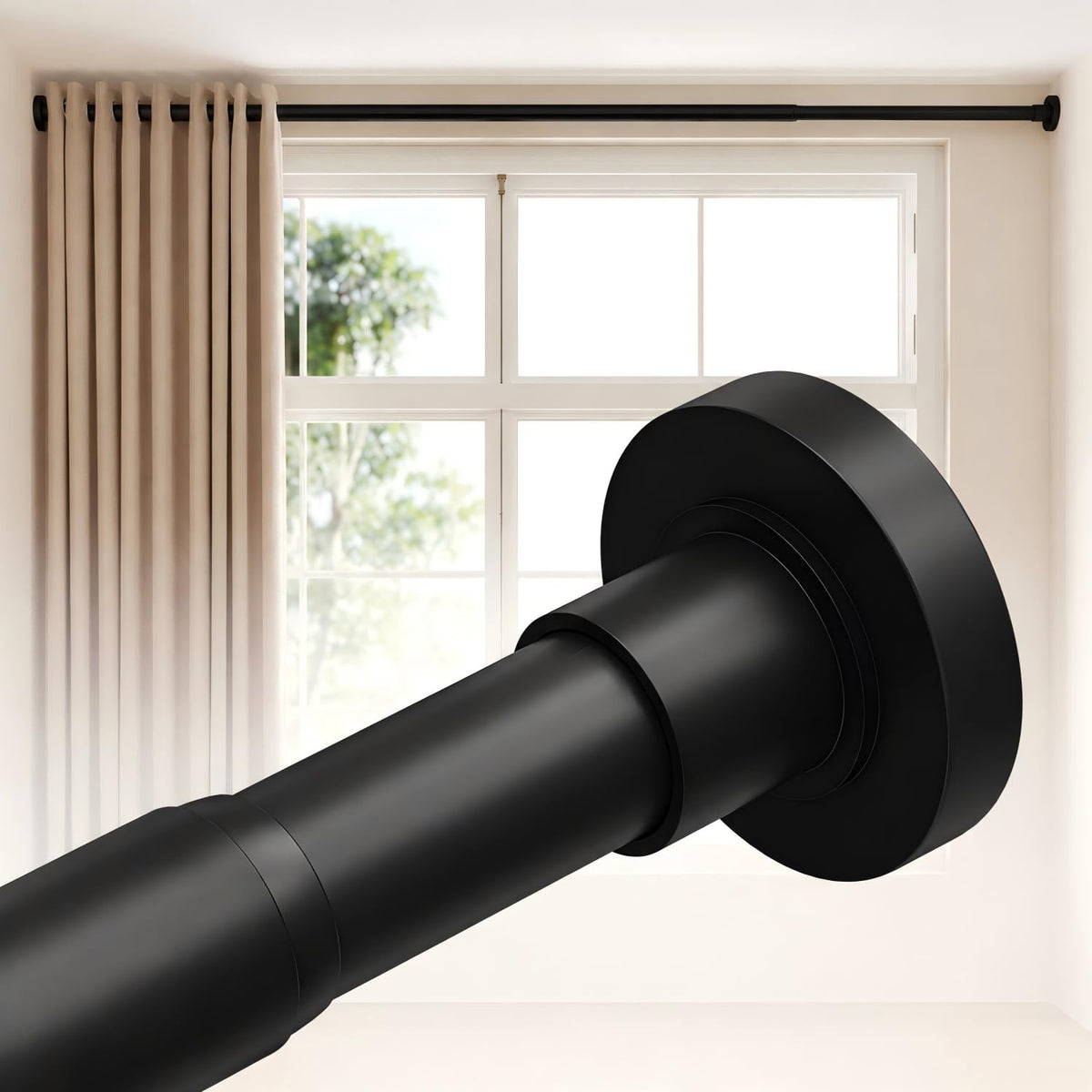 AllZone tension rod assembly shows sturdy 1.25-inch diameter for reliable curtain support.