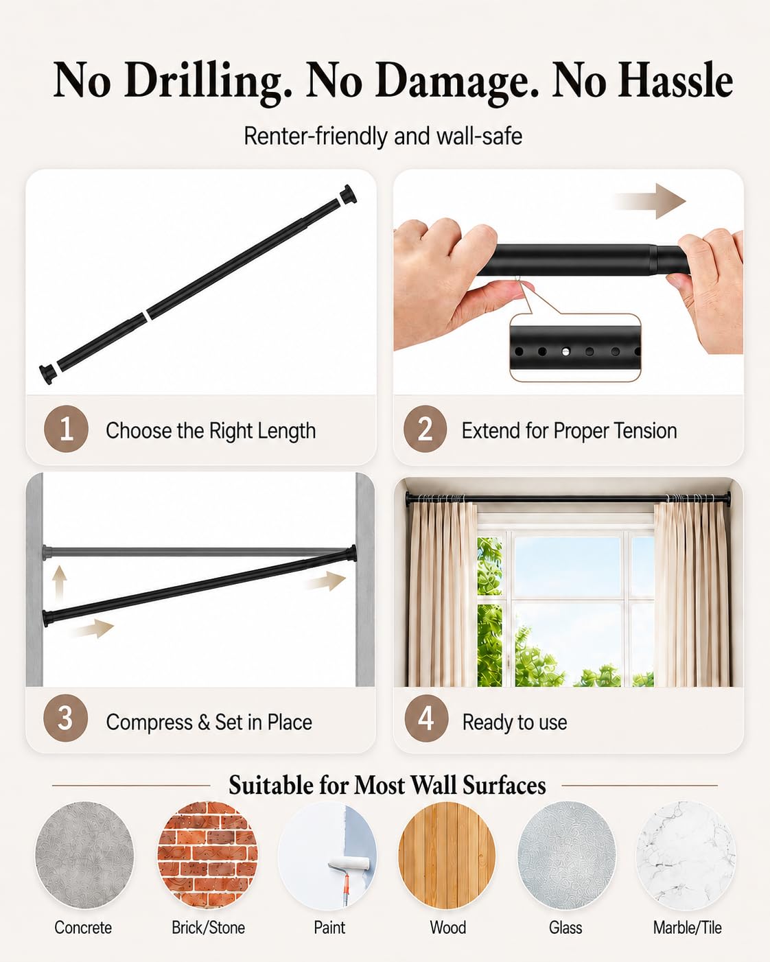 AllZone tension rod large rubber pads prevent slipping for a clean look.