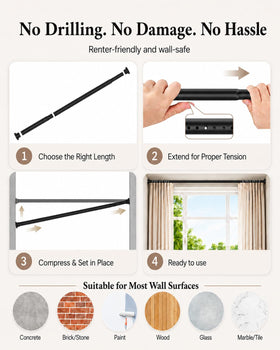 AllZone tension rod large rubber pads prevent slipping for a clean look.