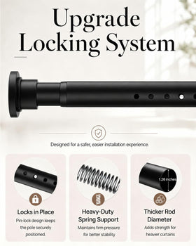 AllZone tension rod lock-in design keeps curtains secure after installation.