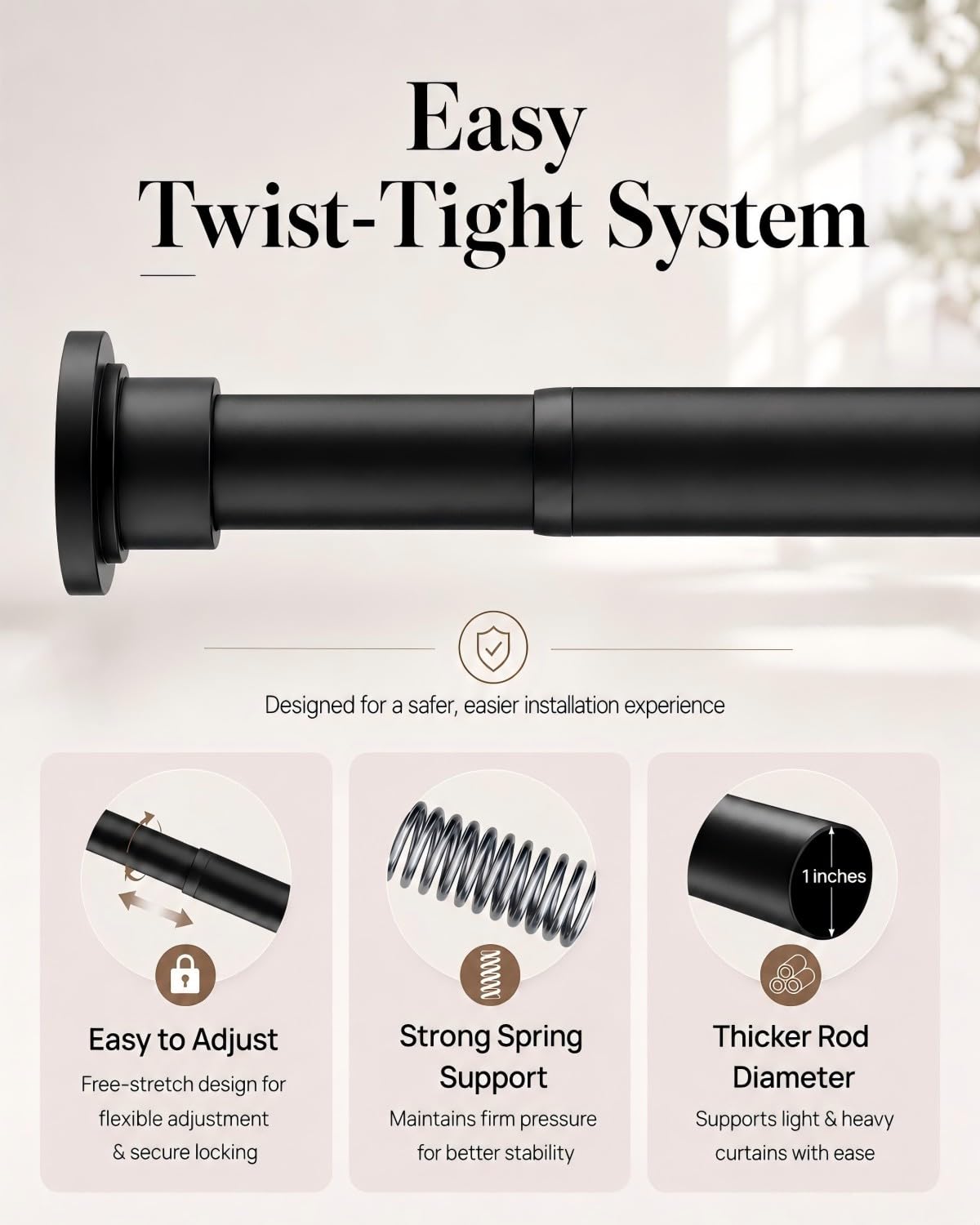 ALLZONE tension rod with thickened diameter supports heavy curtain loads.
