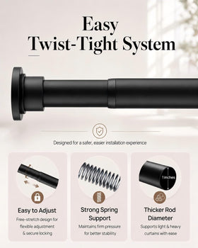 ALLZONE tension rod with thickened diameter supports heavy curtain loads.