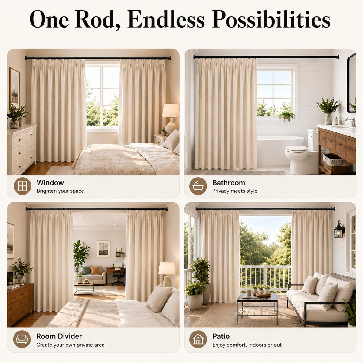 AllZone tension rod ideal for patio curtains with heavy-duty design.