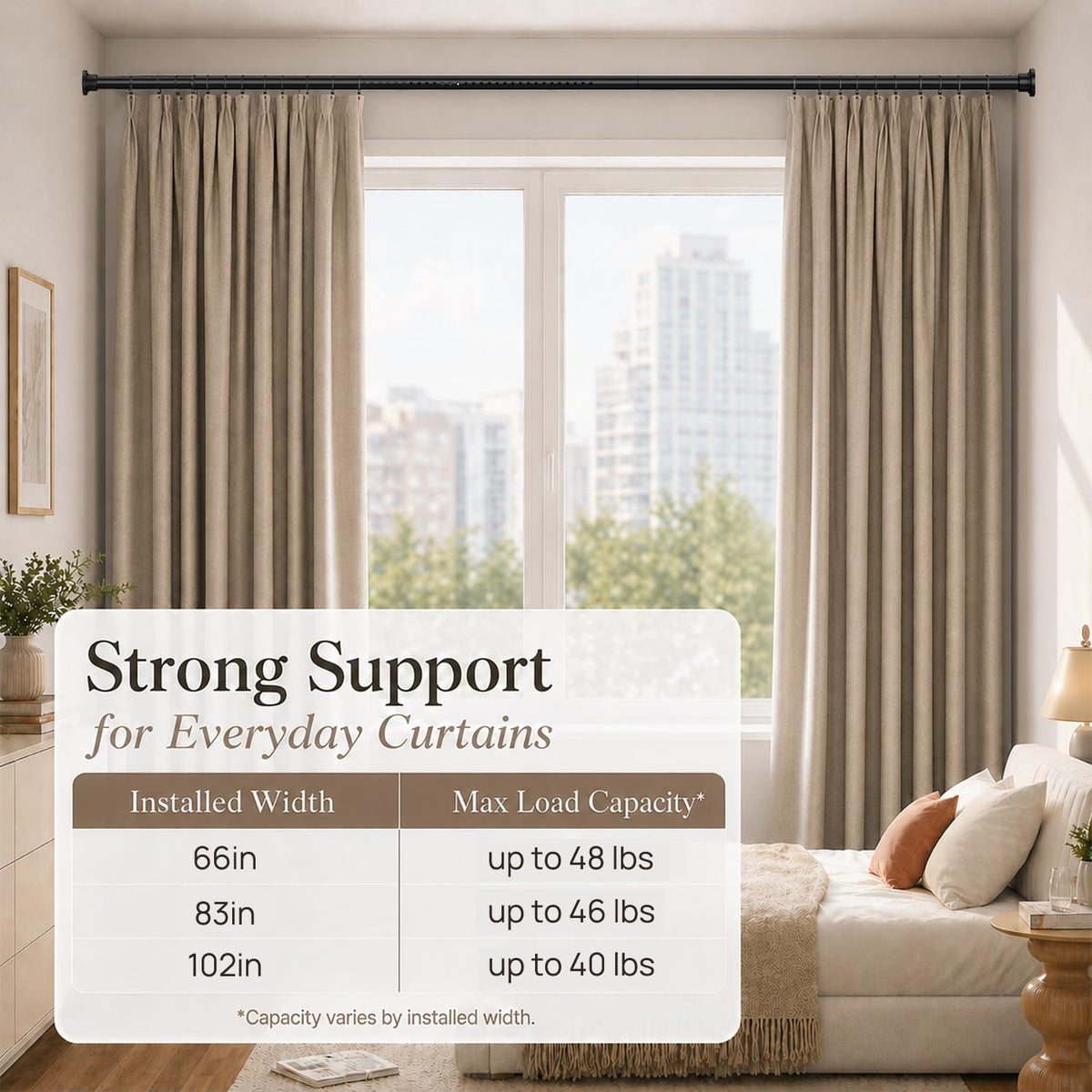 AllZone tension rod supports room division and decorative garlands.