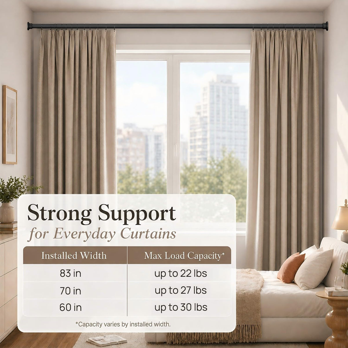 ALLZONE tension rod suitable for bathrooms, showers, windows, and more.