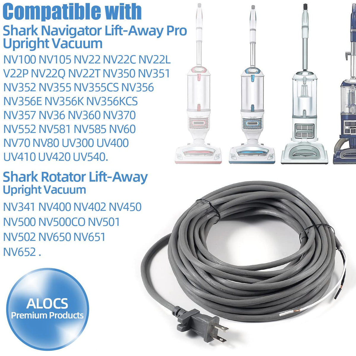 Alocs 36ft cord in use with a Shark Navigator highlights extended reach during cleaning.