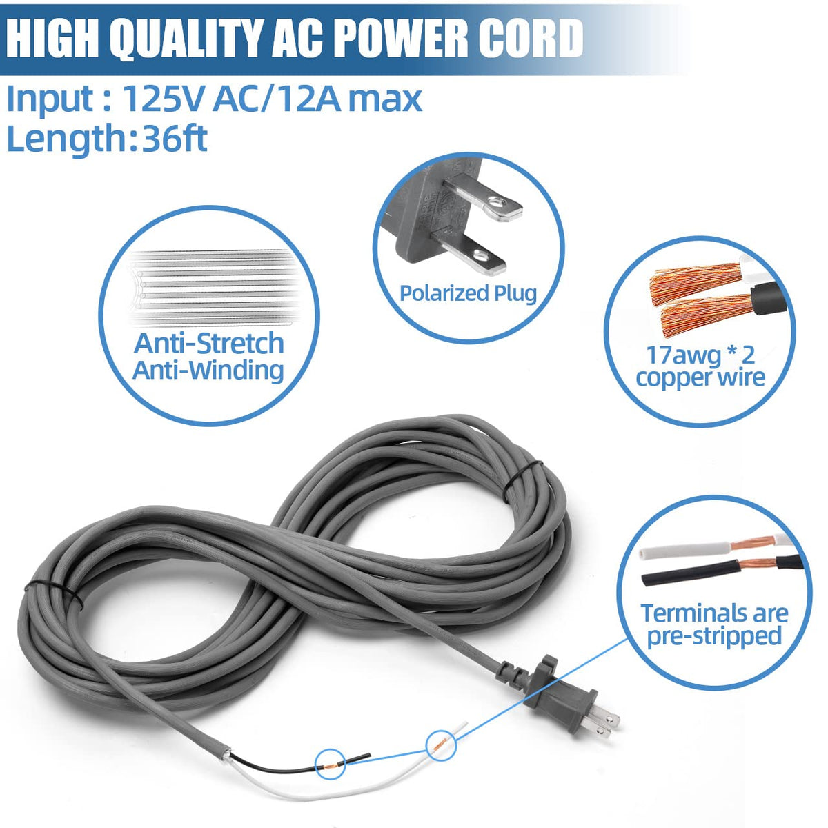 Alocs 36ft power cord compatible with Shark Rotator Lift-Away models for flexible use.