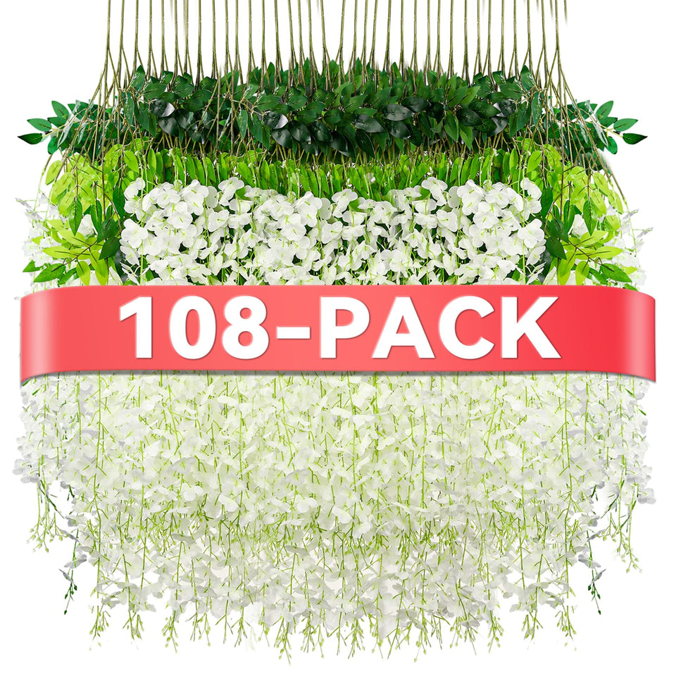 Alotiki Wisteria hanging flowers 108-pack in white for lush wedding decor.