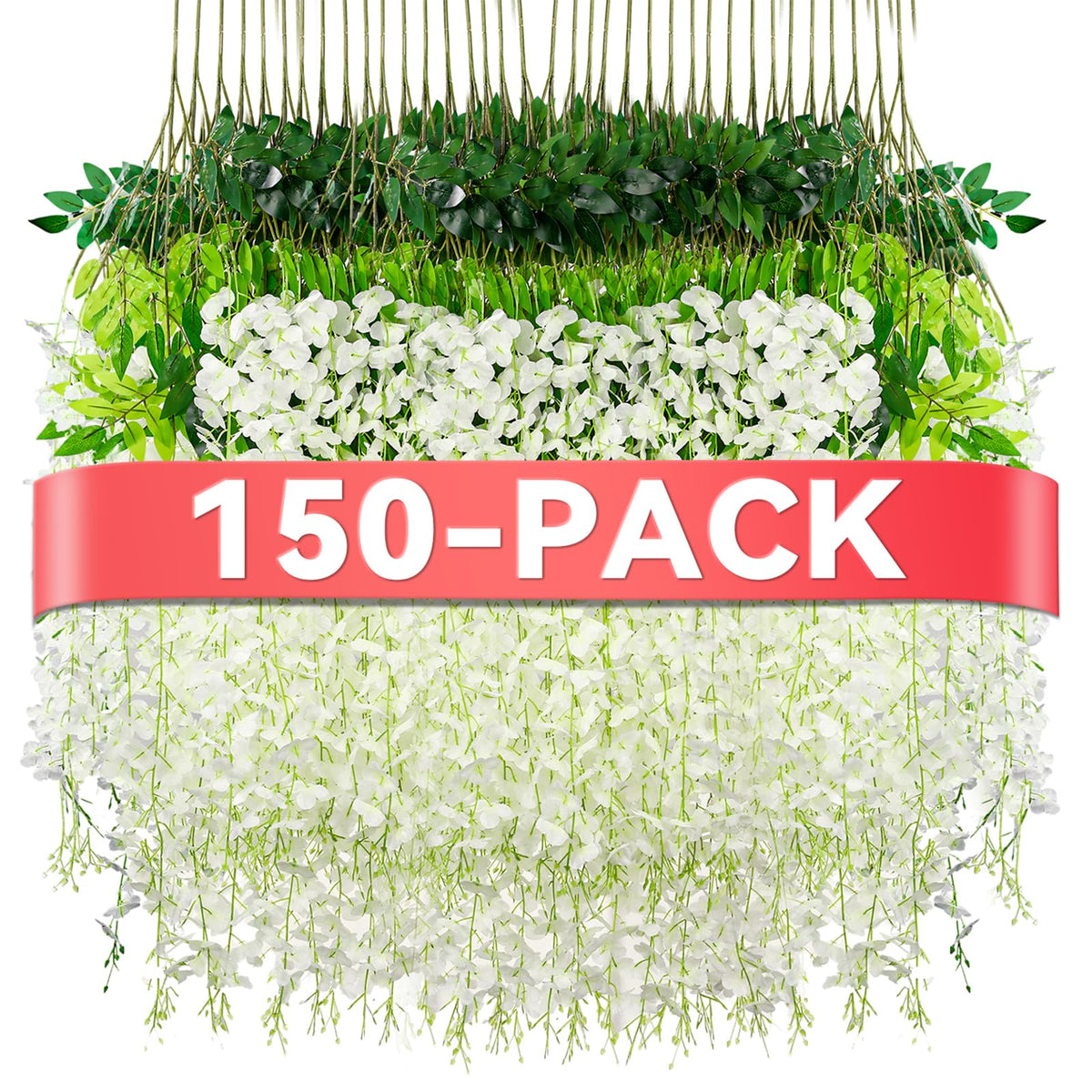 Alotiki Wisteria hanging flowers white garland draped on wedding arch backdrop.