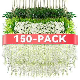 Alotiki Wisteria hanging flowers white garland draped on wedding arch backdrop.