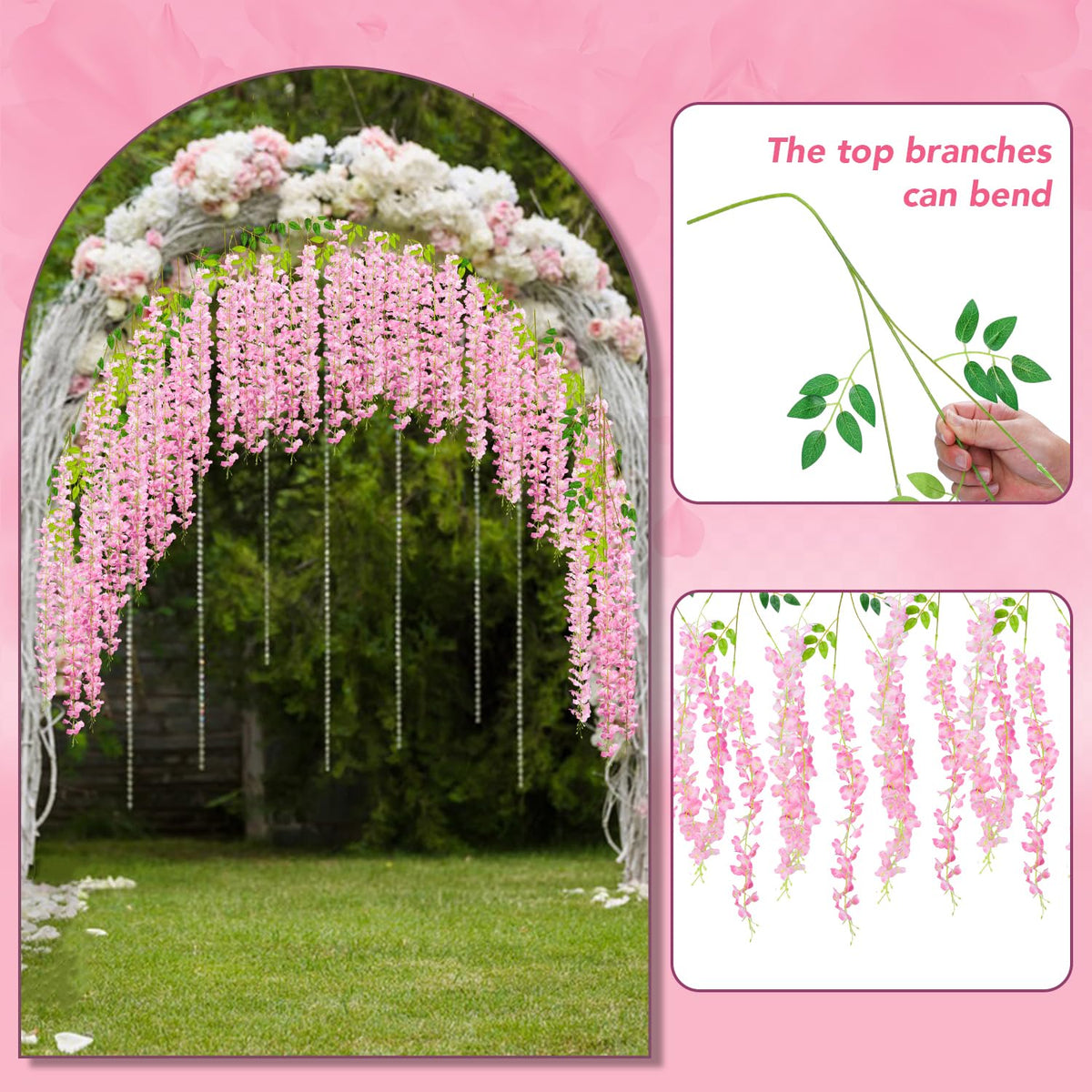 Alotiki Wisteria pink flowers per branch add lush volume.