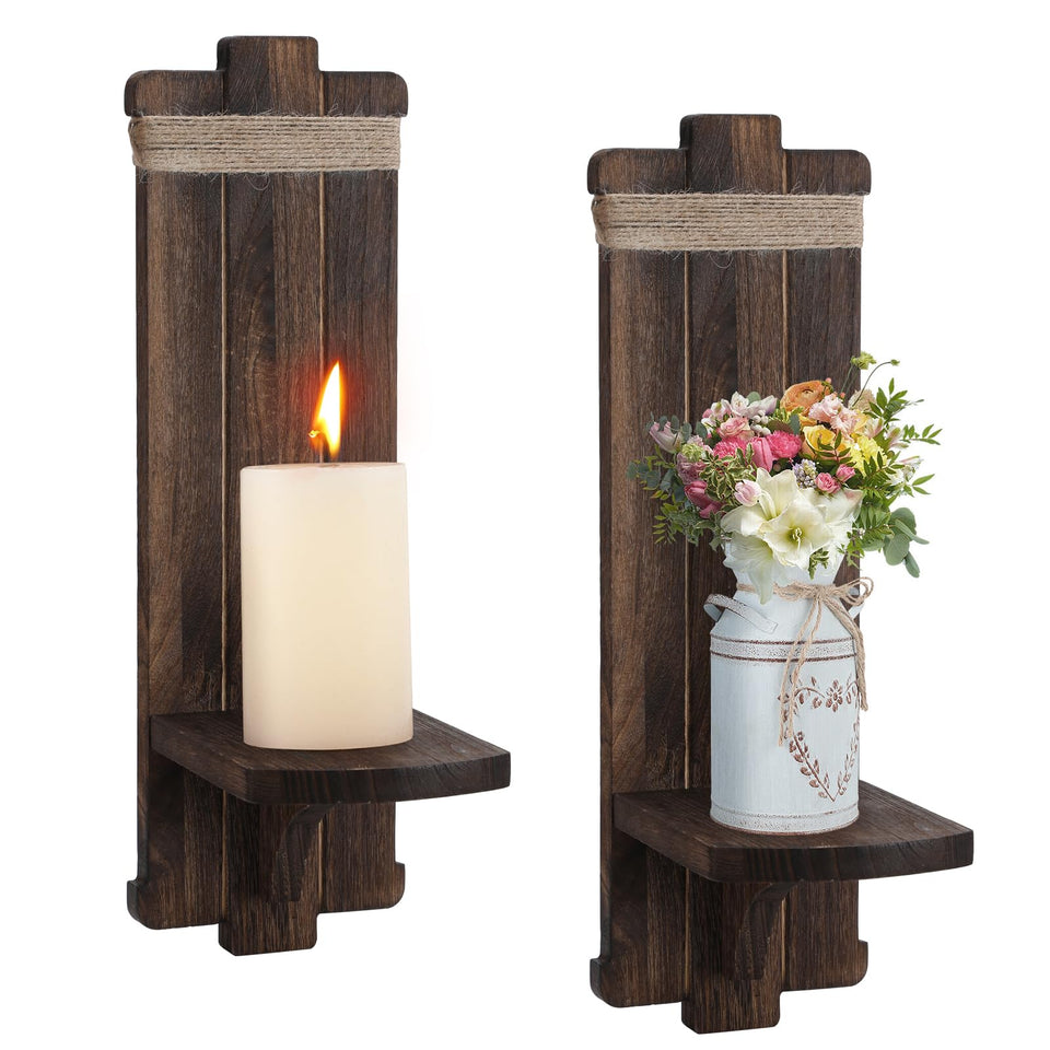 Alphatool farmhouse candle sconce pair in brown wood for warm rustic living room ambiance.