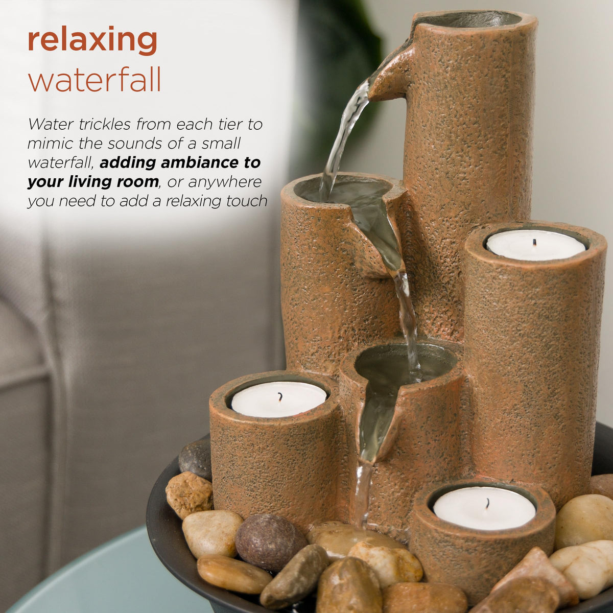 Alpine WCT202 warm glow from built-in tealights enhances ambient atmosphere.