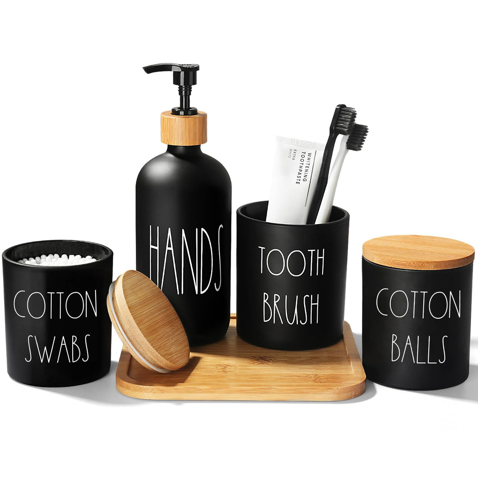 ALPIRIRAL matte black bathroom accessory set soap dispenser on bamboo lid for organized counters