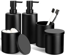 ALPIRIRAL matte black bathroom set full view with glass dispenser and organizers