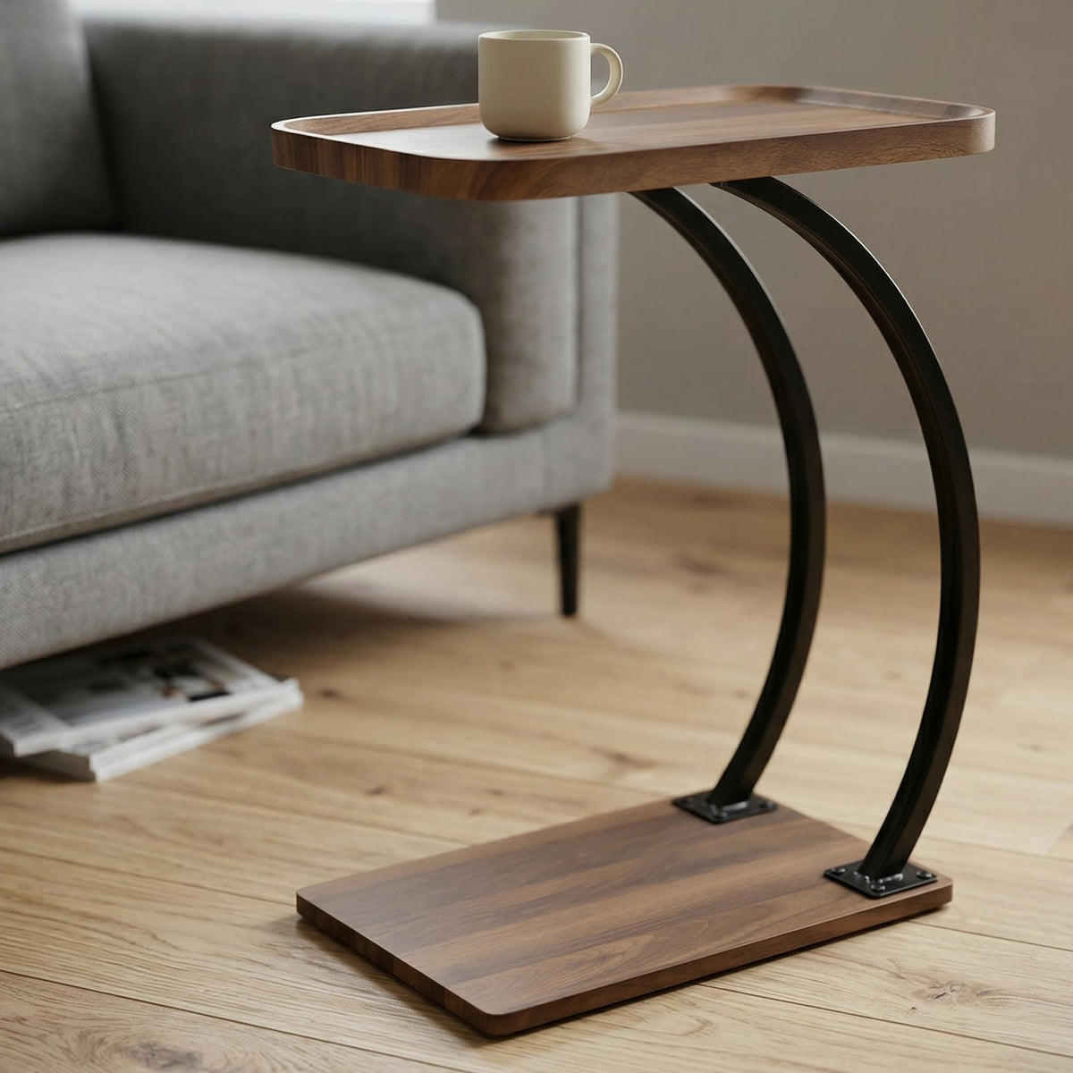 ALPOME 2-tier C-shaped end table under sofa for quick access