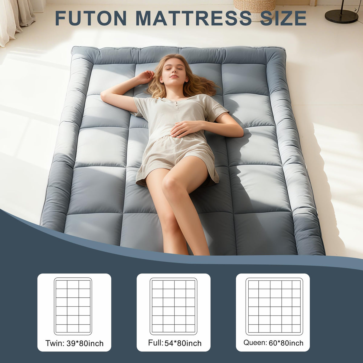 ALPSWAN futon top view highlighting plush polyester padding for comfort.