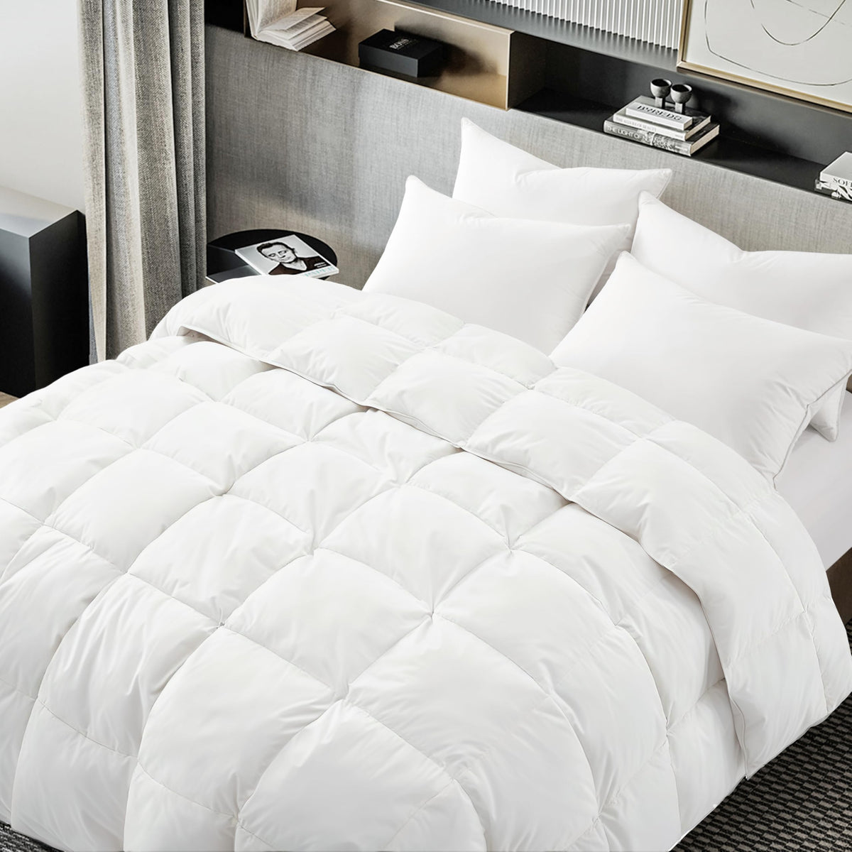 ALPSWAN goose-down comforter queen white cover shows breathable cotton fabric for year-round comfort.