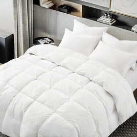 ALPSWAN goose-down comforter queen white cover shows breathable cotton fabric for year-round comfort.
