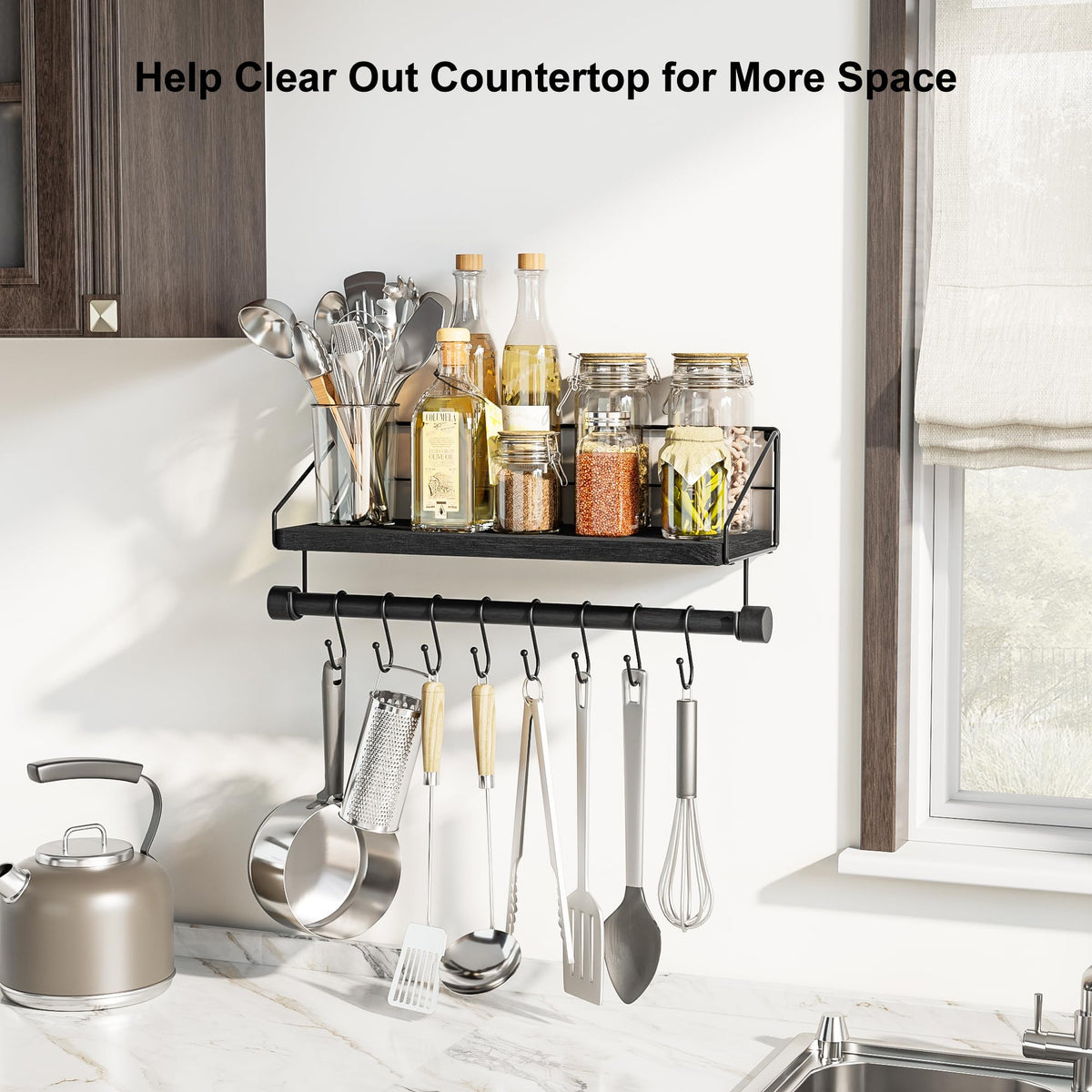 Alsonerbay wall shelf with hooks for hanging mugs and utensils in kitchen