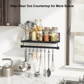 Alsonerbay wall shelf with hooks for hanging mugs and utensils in kitchen