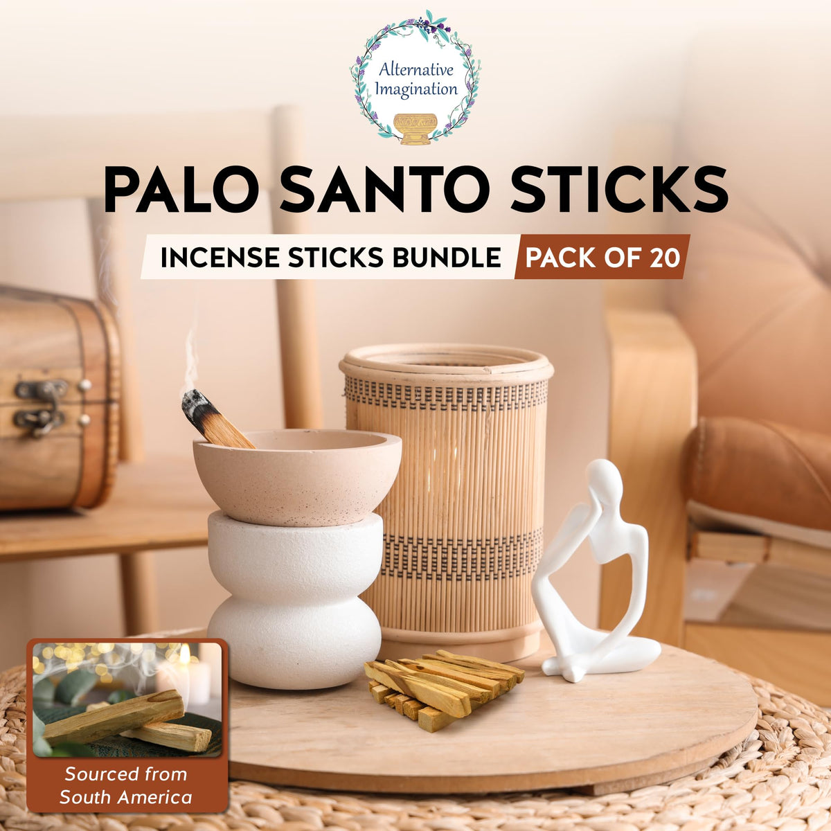 Alternative Imagination hand-hewn Palo Santo wood close-up supports authentic ritual use.