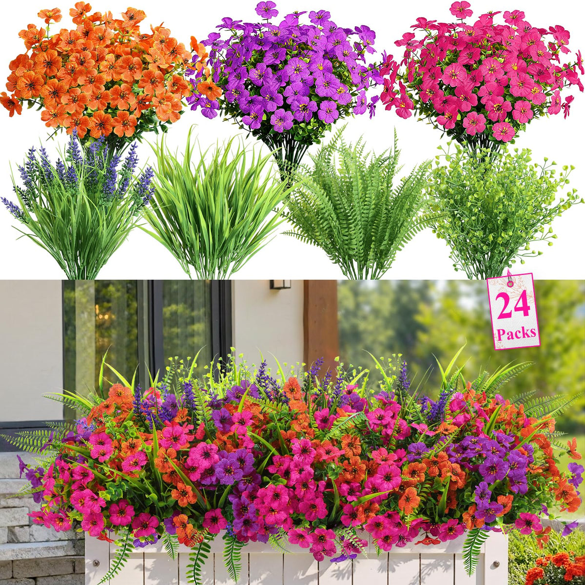 Alupssuc 24-bundles artificial flowers set for outdoor display with UV-resistant color