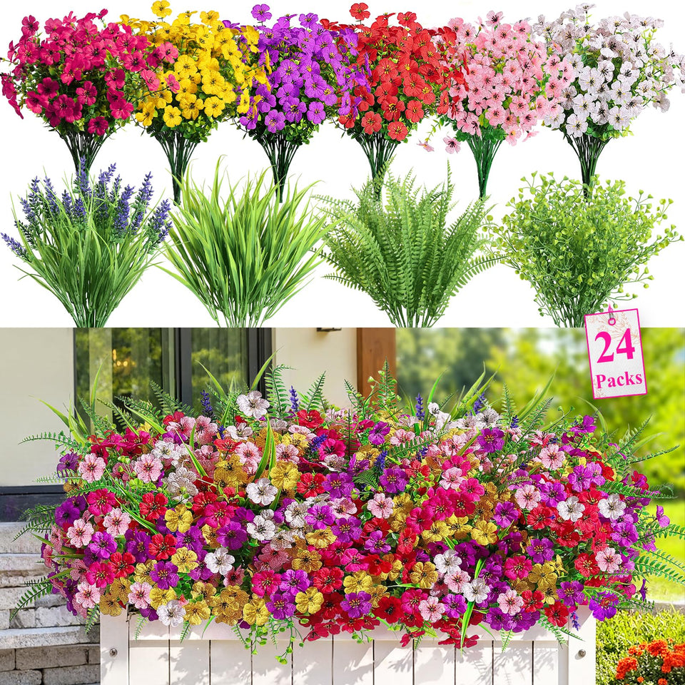 Alupssuc 24 bundles outdoor flowers for porch decor and year‑round color.