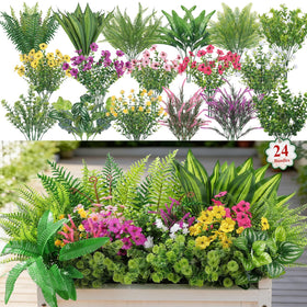 Alupssuc 24pcs artificial flowers in rosy purple yellow pink for vibrant, maintenance-free display.