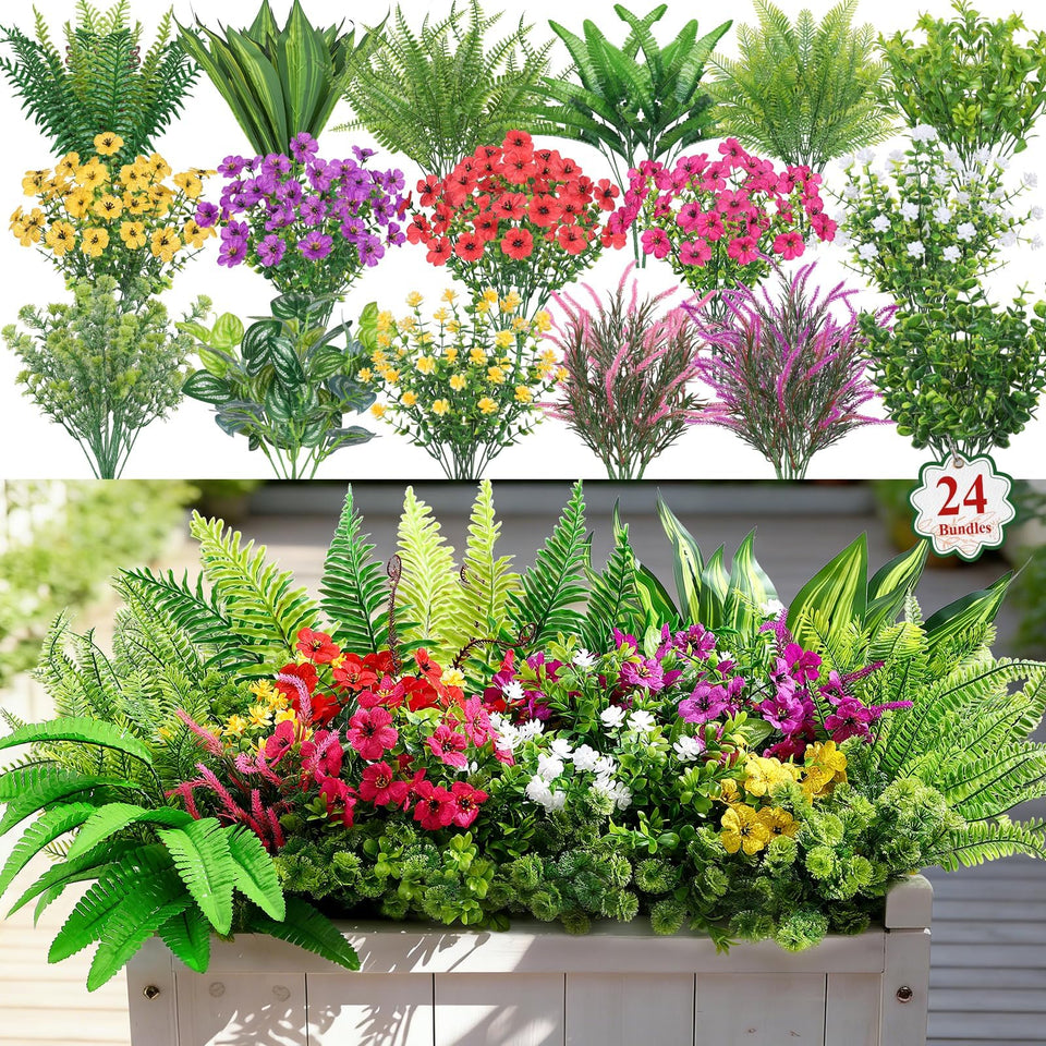 Alupssuc 24 Pcs artificial plants outdoor porch scene shows vibrant, maintenance-free greenery.