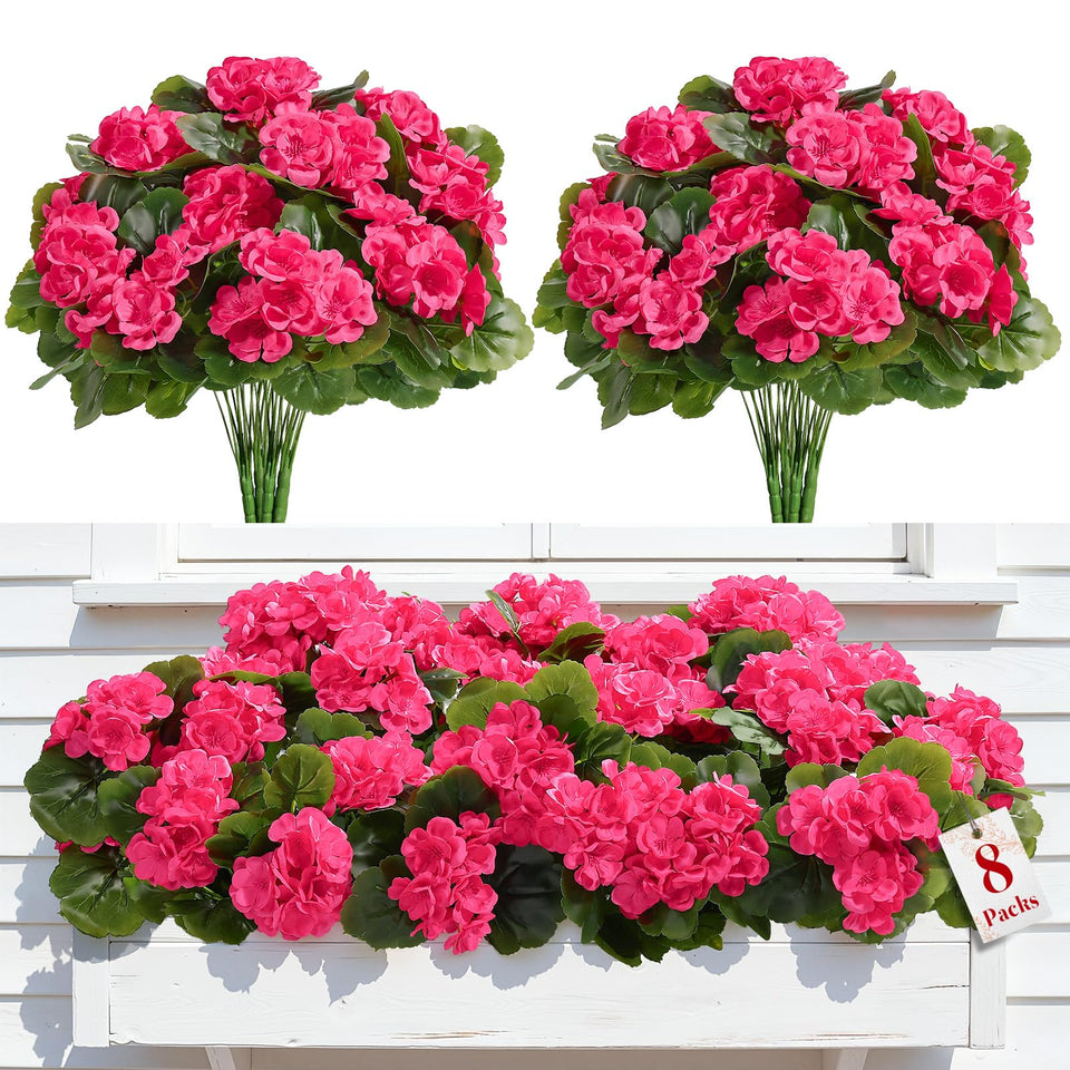 Alupssuc 8Pcs artificial geraniums for outdoor bouquets add lasting color to porches.