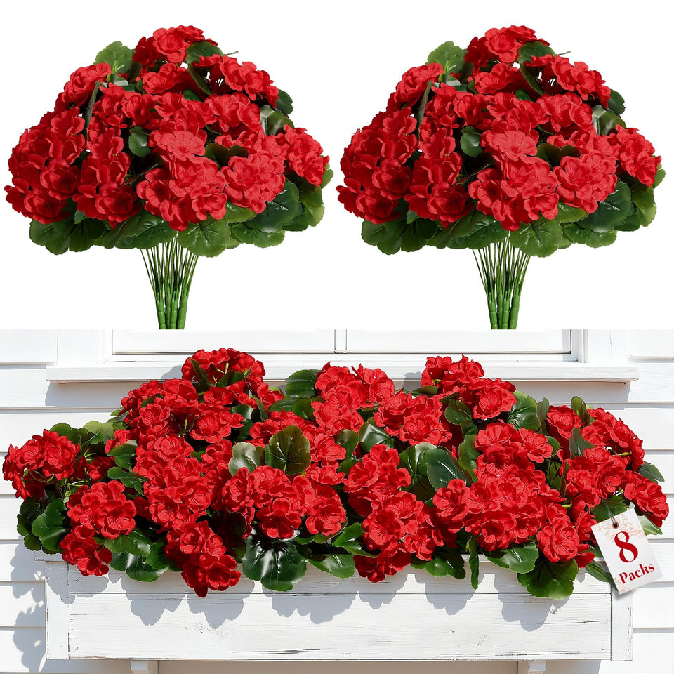 Alupssuc artificial geraniums outdoors, 8-bundle arrangement with long-lasting color.