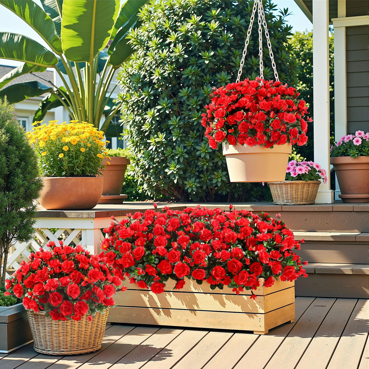 Alupssuc planter and window box decor with camellia for quick refresh.