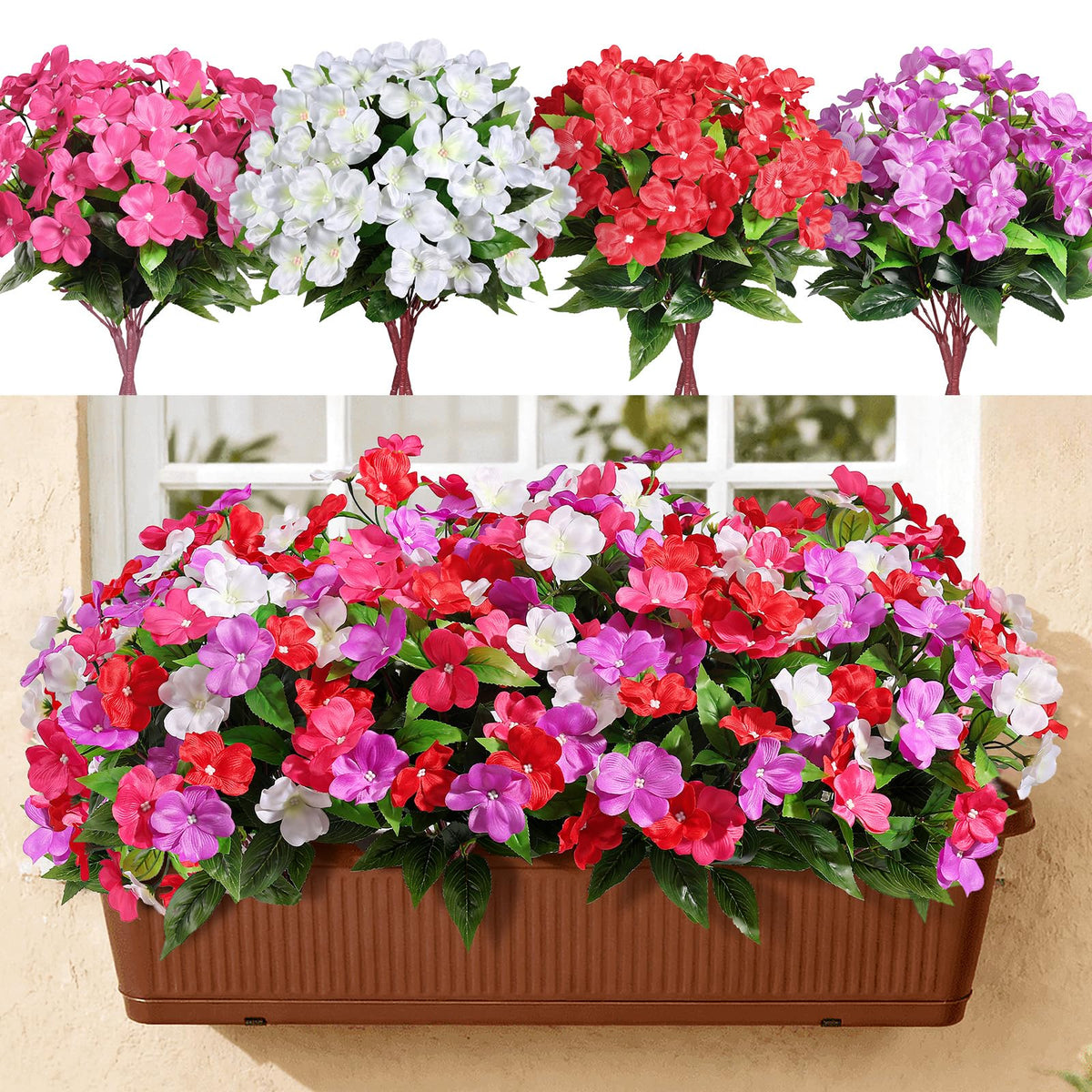 Alupssuc red impatiens flowers 14in bundle enhances porch decor with vibrant color.