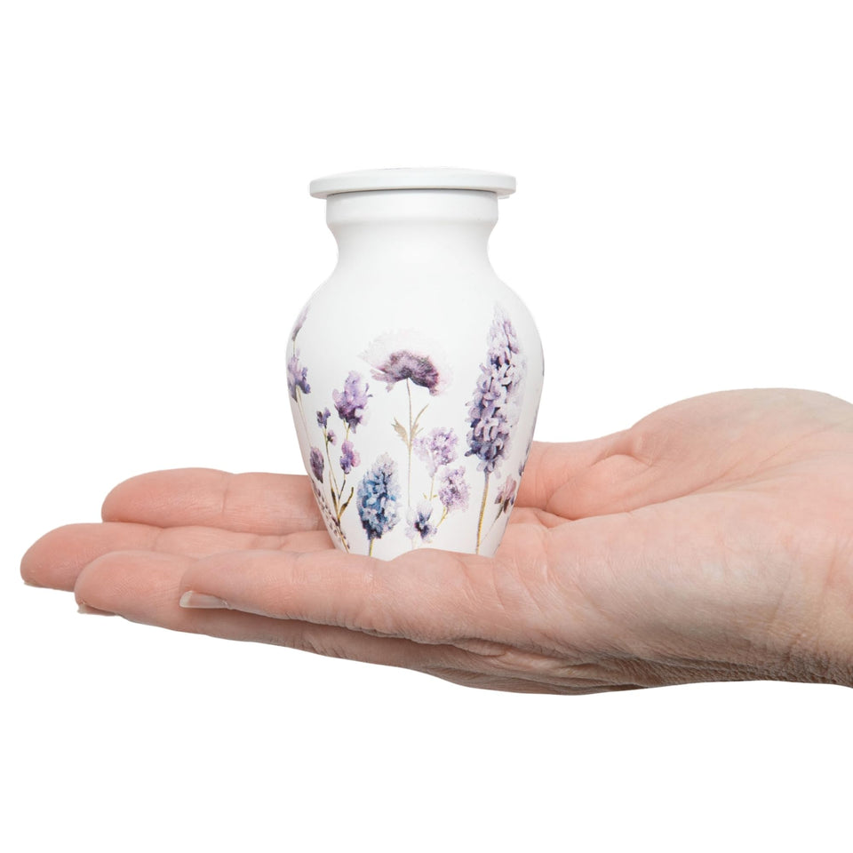 Always With Us purple flower urn front view with serene memorial design