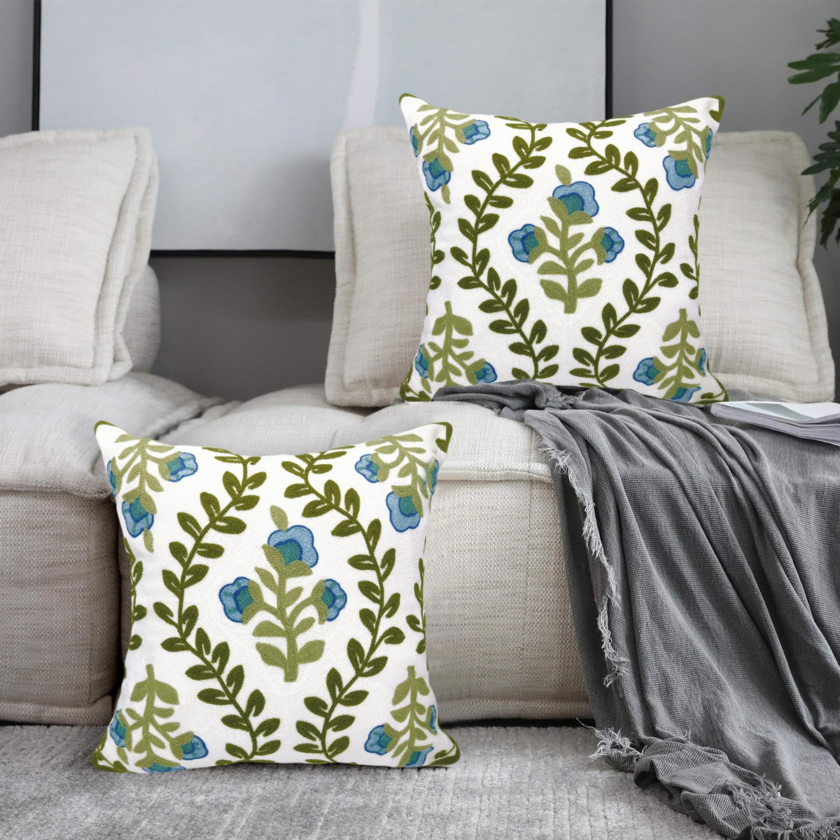 Alysheer green vines embroidery detail enhances sofa decor