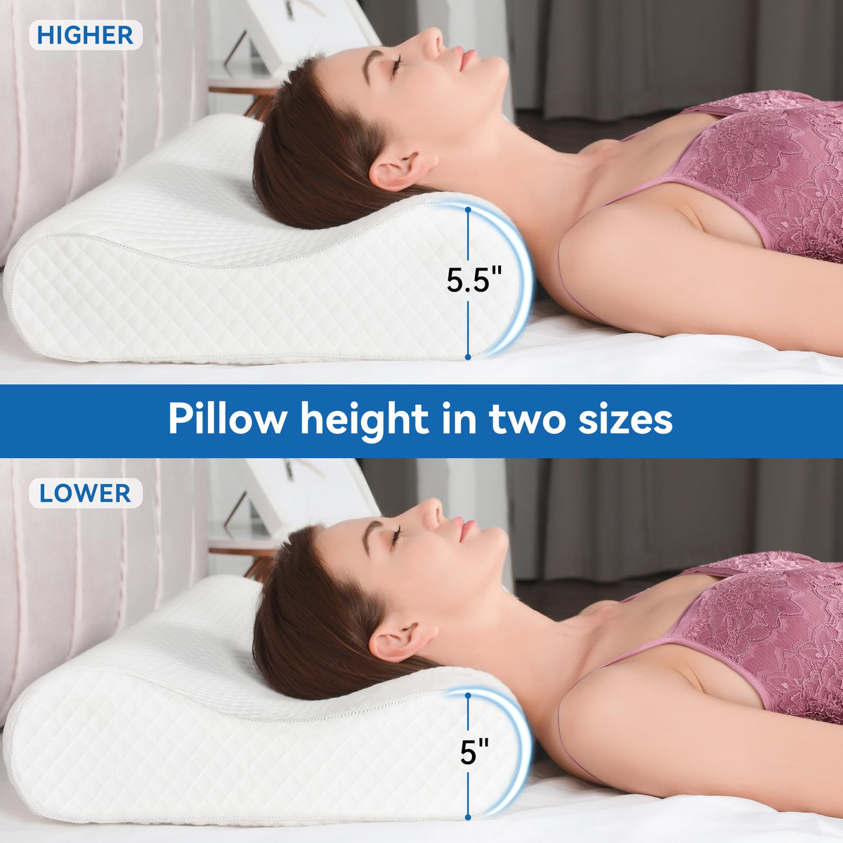 AM AEROMAX 32-inch pillow high-low sides illustrate adjustable height for neck comfort