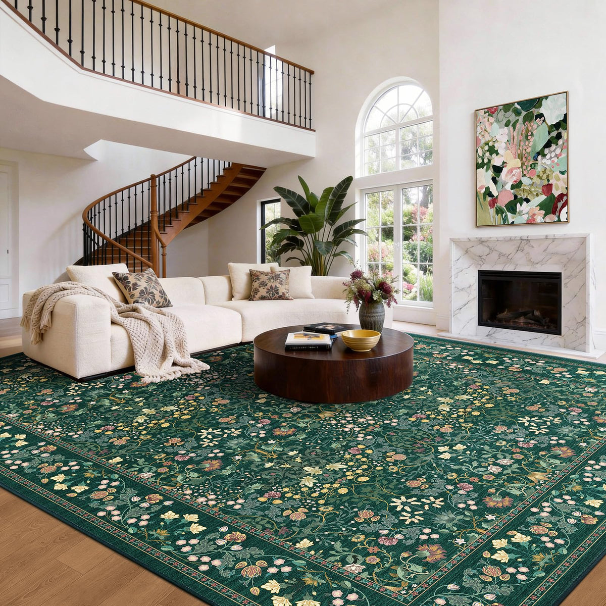 AMADA HOMEFURNISHING 8x10 floral rug close-up highlighting soft kid-friendly texture.