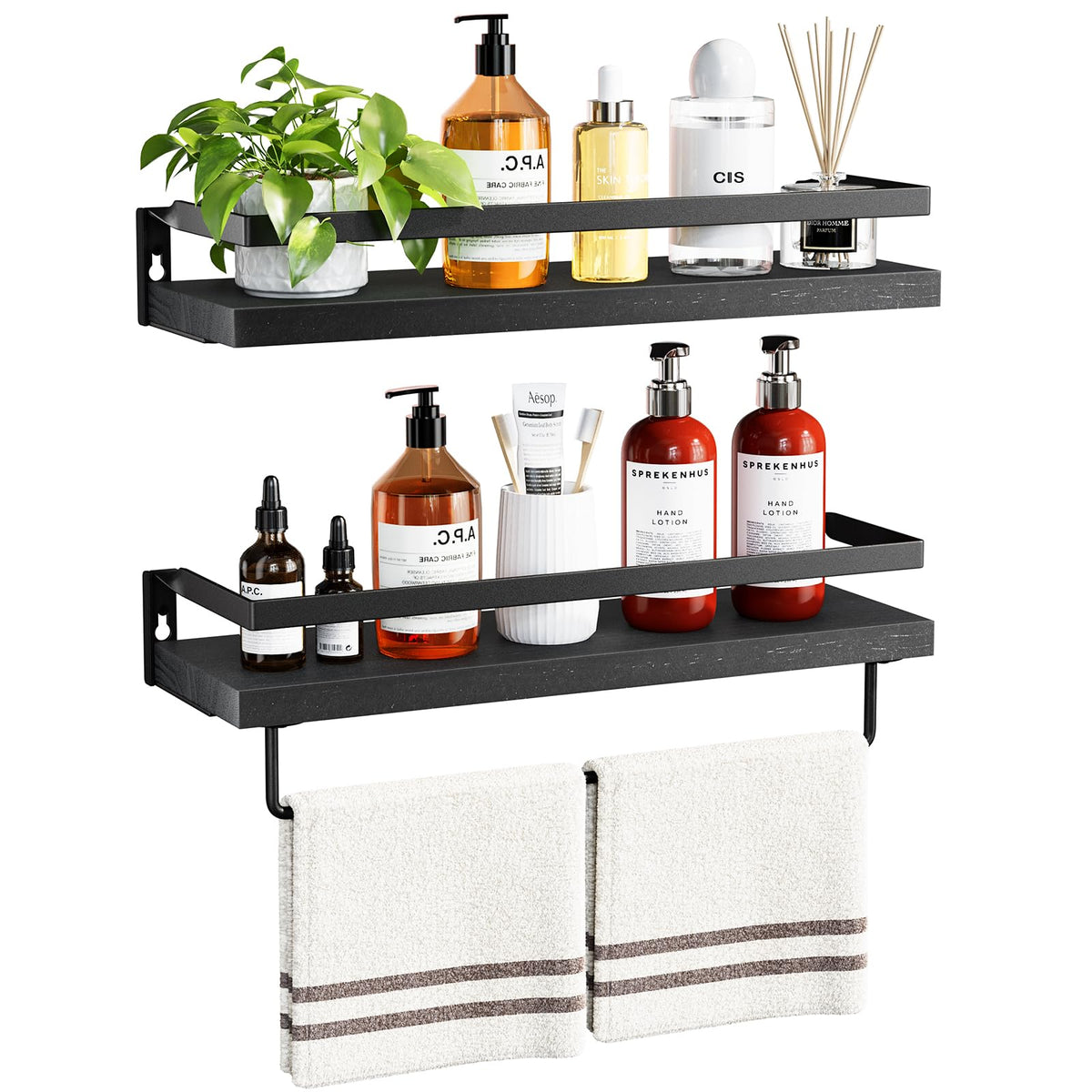 AMADA HOMEFURNISHING AMFS01B bathroom shelf with towel bar keeps towels neatly organized.